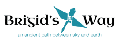 Brigid's Way Logo of swan and st brigid's cross design between words in blue