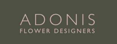Adonis Flower Designers - Dublin - logo in capital pink letters on dark green background